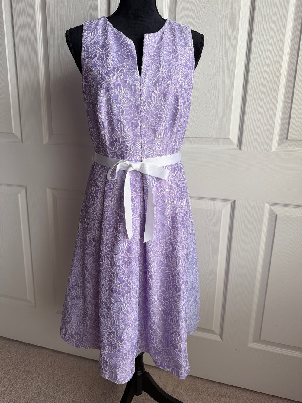 Calvin Klein Lavender Lace Midi Dress with White Waist Tie